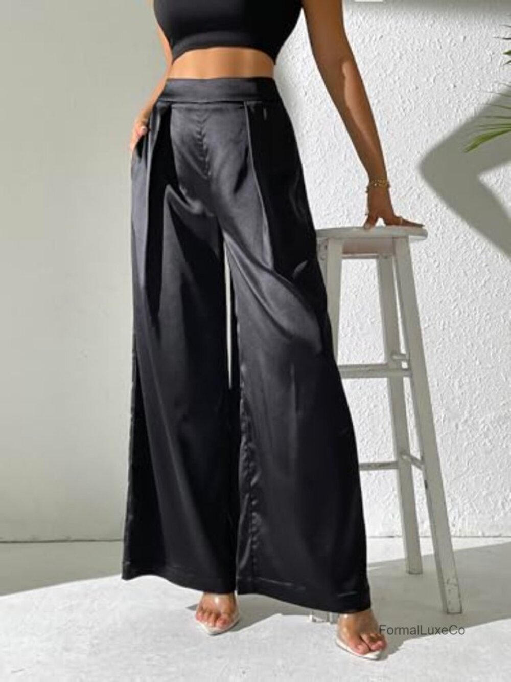 Satin Wide Leg Palazzo Pants High Waist Pull On Trousers - Picture 3 of 7